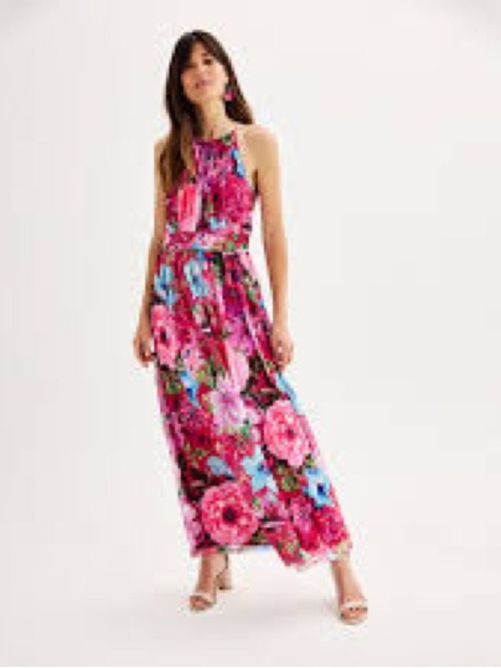 London Times Bright Pink Floral Halter Maxi Dress